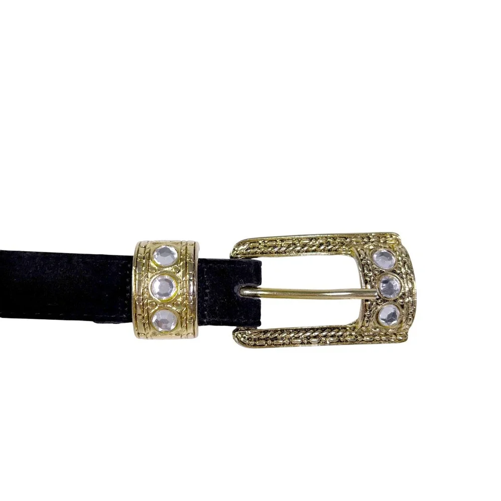 Western Belt Womens L 32 Black Rhinestone Gold Tone Suede Leather Cowgirl Vtg
